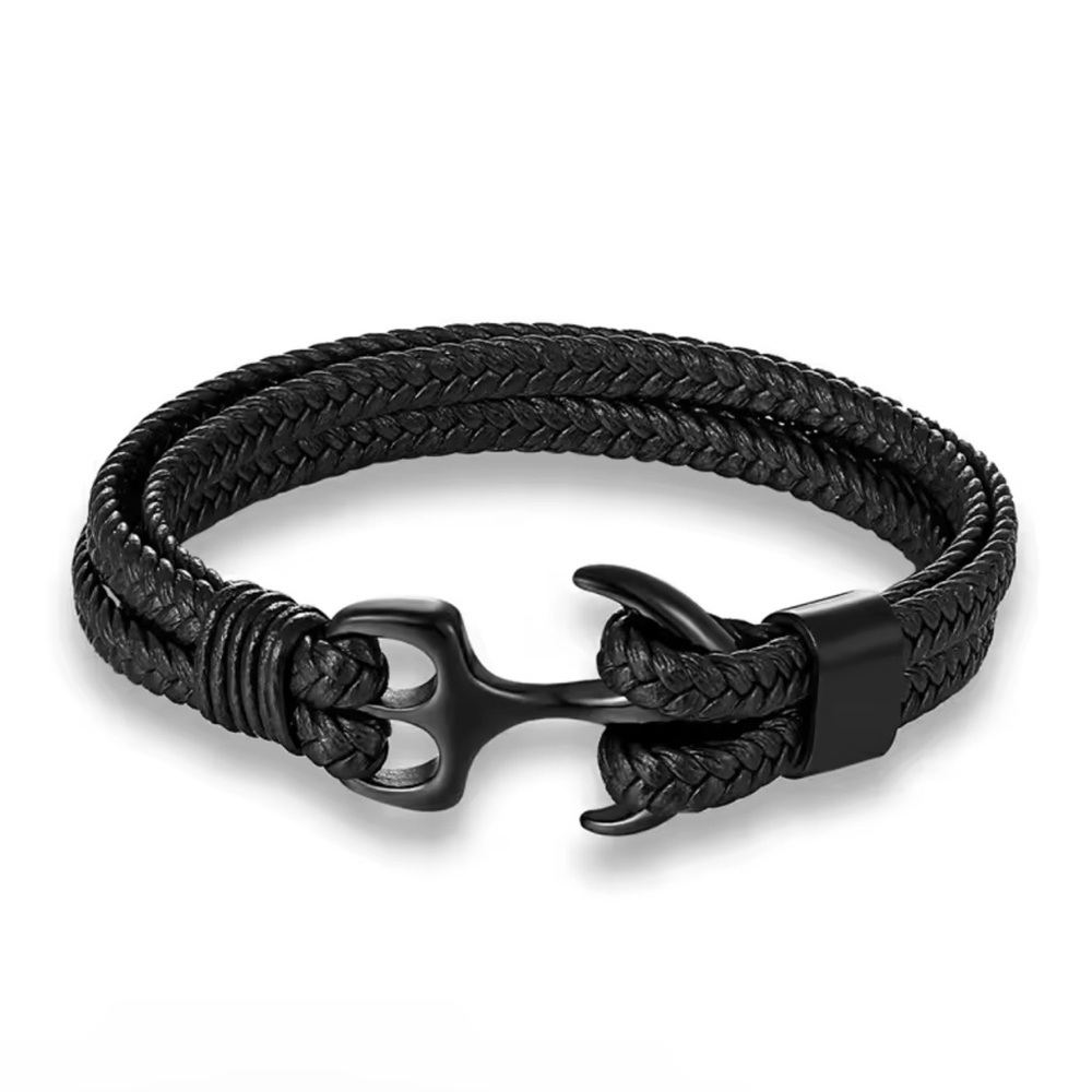 Men Anchor Black Bracelet Woven Multilayer Leather Bracelet